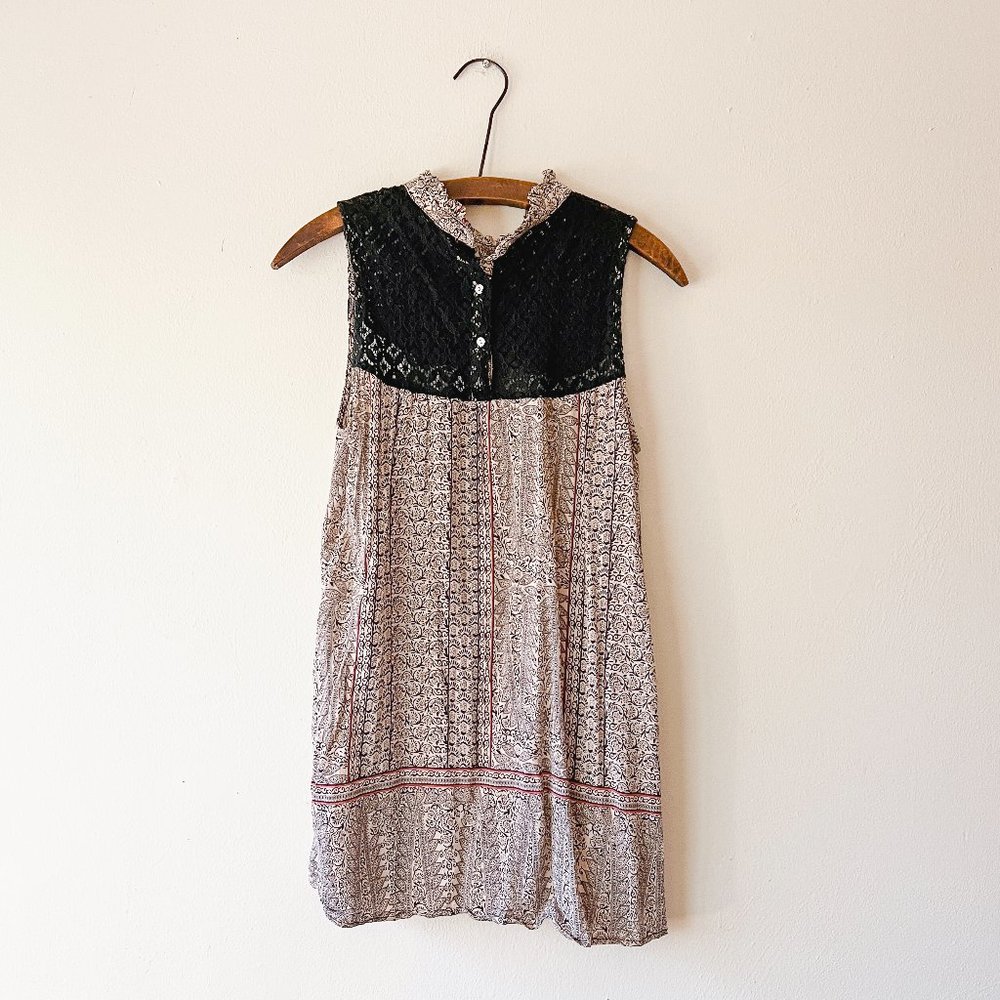 Beige and Salmon Lace Button Paisley Stripe Flowy Long Tunic Top M